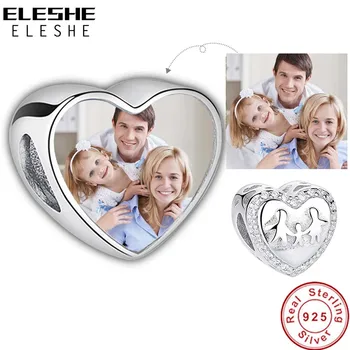 ELESHE Láska je Rodina 925 Sterling Silver Vlastní Foto Srdce Kouzlo Korálků Fit Originální Přívěsky, Náramky, Stříbrné Korálky Šperky CZ